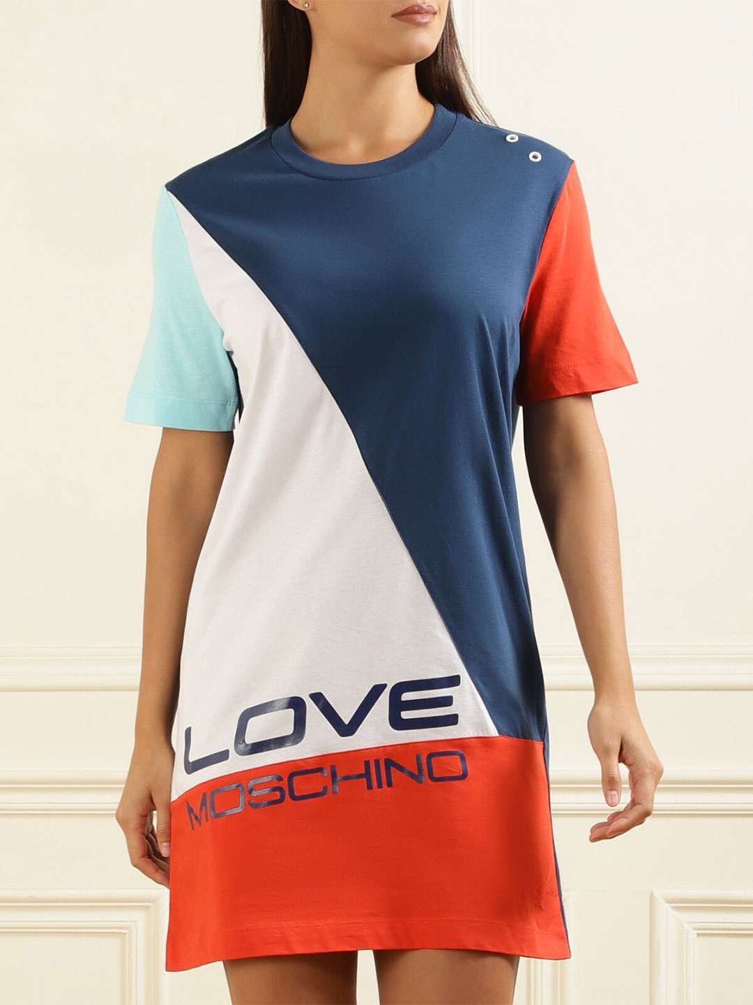 

LOVE MOSCHINO Colourblocked Cotton T-shirt Dress, Blue