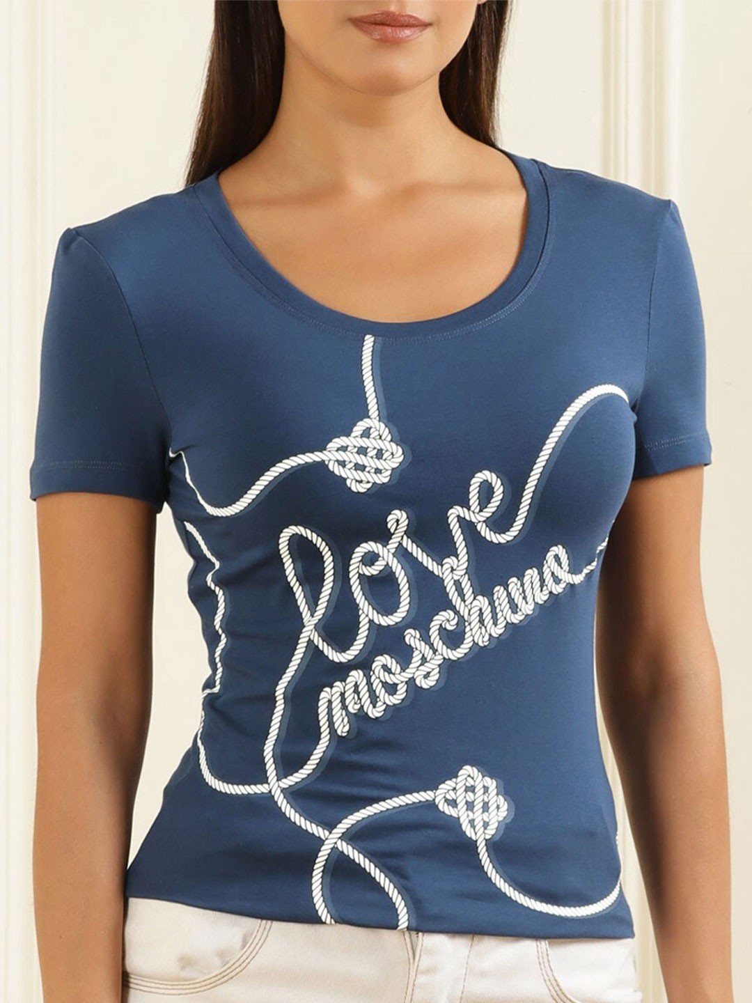 

LOVE MOSCHINO Typography Printed Cotton T-shirt, Blue