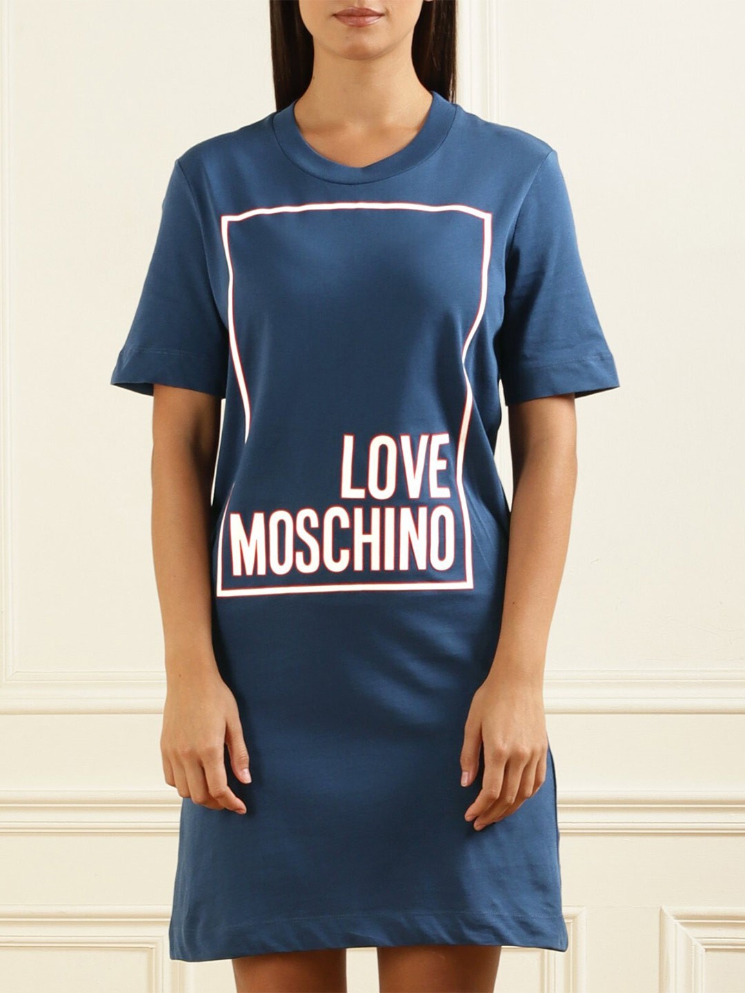 

LOVE MOSCHINO Typography Printed Cotton T-shirt Dress, Blue