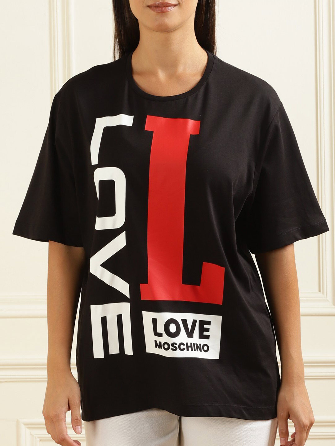 

LOVE MOSCHINO Typography Printed Drop-Shoulder Sleeves Cotton T-shirt, Black