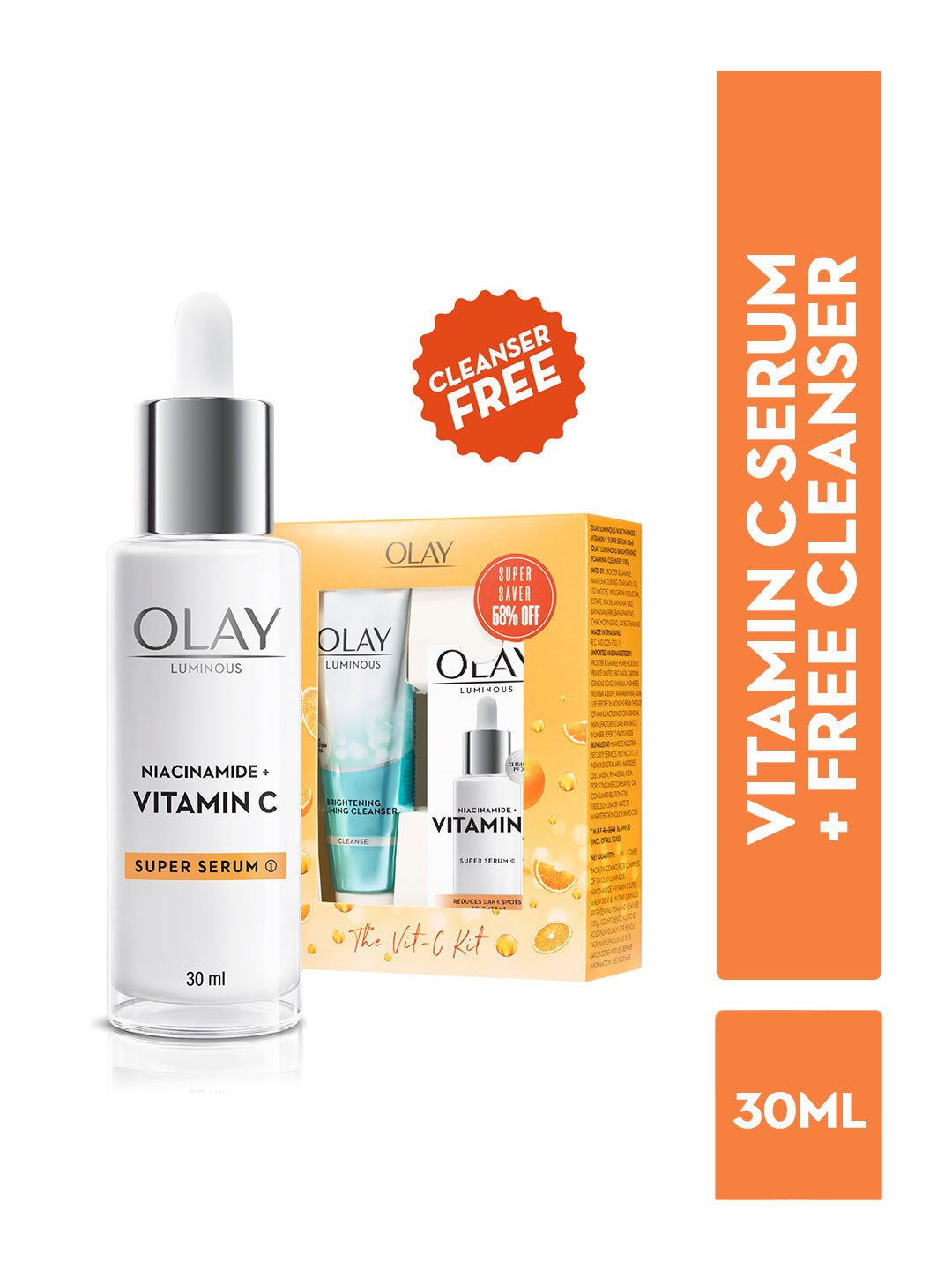 

Olay Vitamin C Kit for 2X Glow with Serum 30ml & Cleanser 100g, Blue