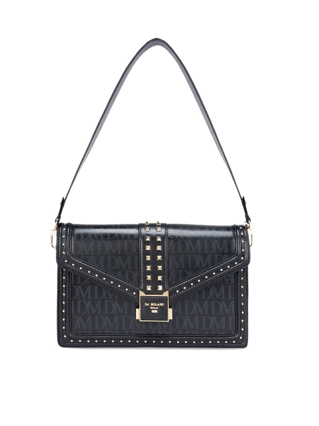 

Da Milano Typography Printed Embellished Leather Structured Hobo Bag, Black