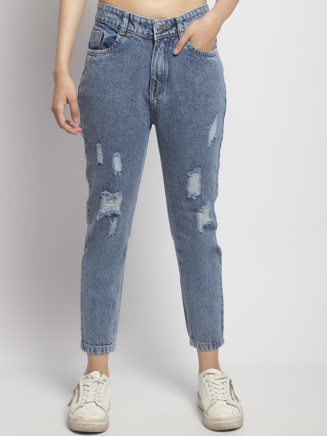 

ELLIS Women Smart Mom Fit Mid-Rise Mildly Distressed Jeans, Blue