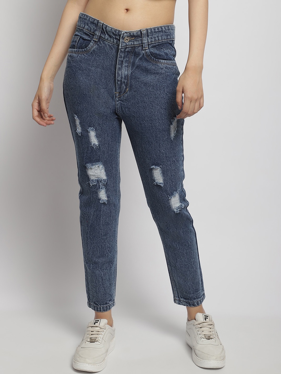 

ELLIS Women Smart Mom Fit Mid-Rise Mildly Distressed Jeans, Blue
