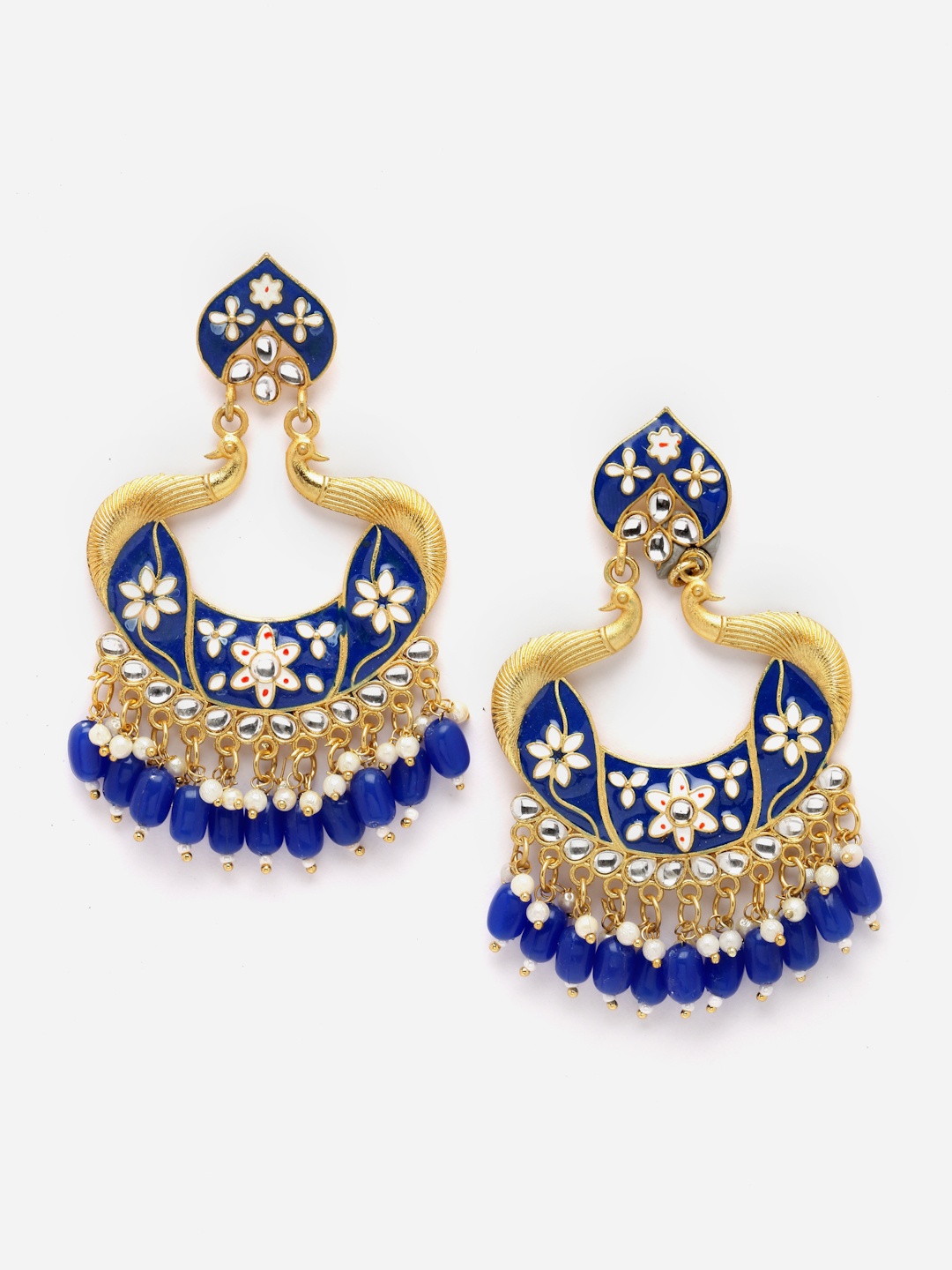 

Aazeen Gold-Plated Peacock Shaped Kundan And Beaded Drop Earrings