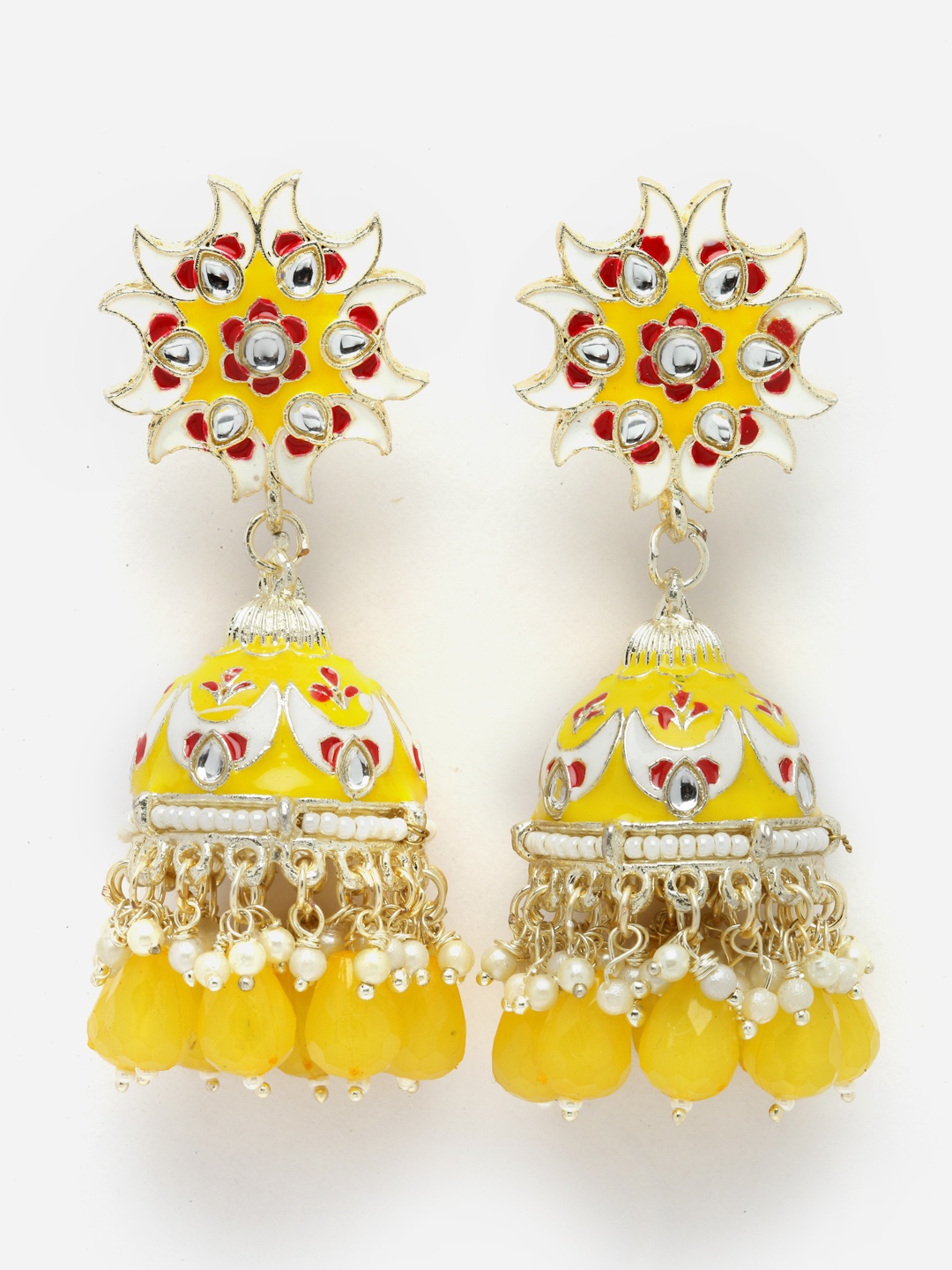 

Aazeen Gold-Plated Dome Shaped Kundan And Beaded Jhumkas