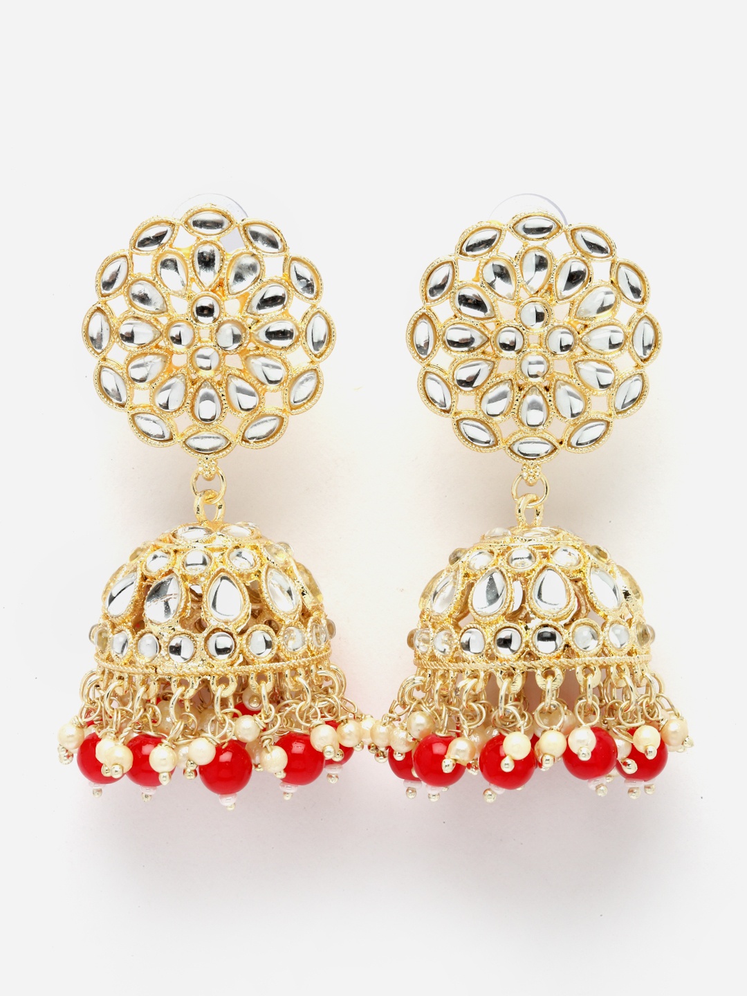 

Aazeen Gold-Plated Dome Shaped Kundan And Beaded Jhumkas