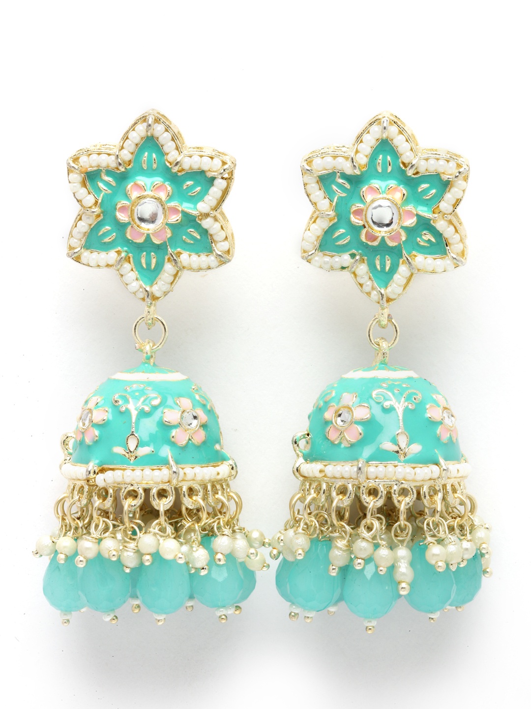 

Aazeen Gold-Plated Dome Shaped Kundan And Beaded Jhumkas