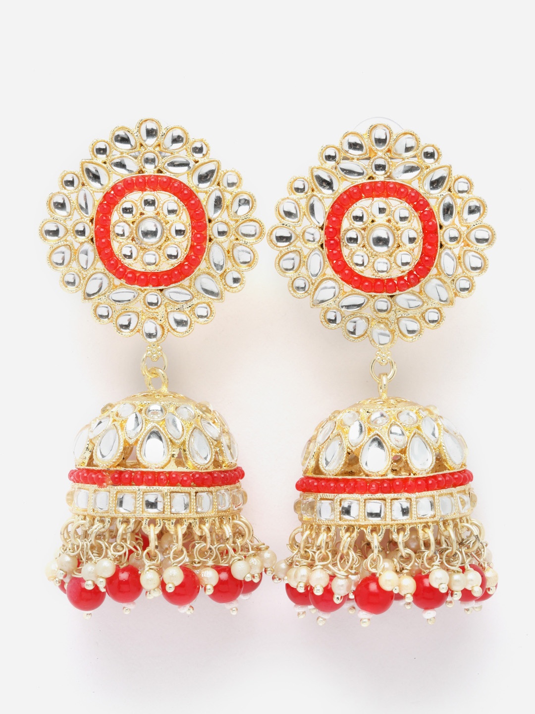 

Aazeen Gold-Plated Dome Shaped Kundan-Pearls studded Jhumkas