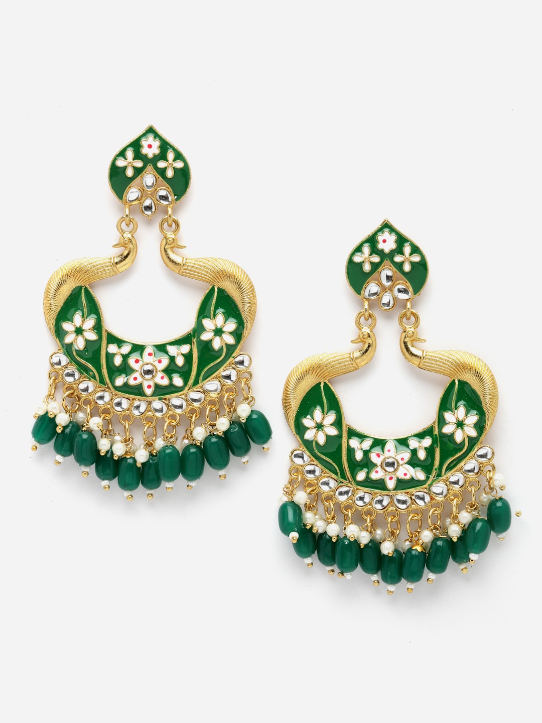 

Aazeen Gold-Plated Peacock Shaped Kundan & Pearls Chandbalis Earrings