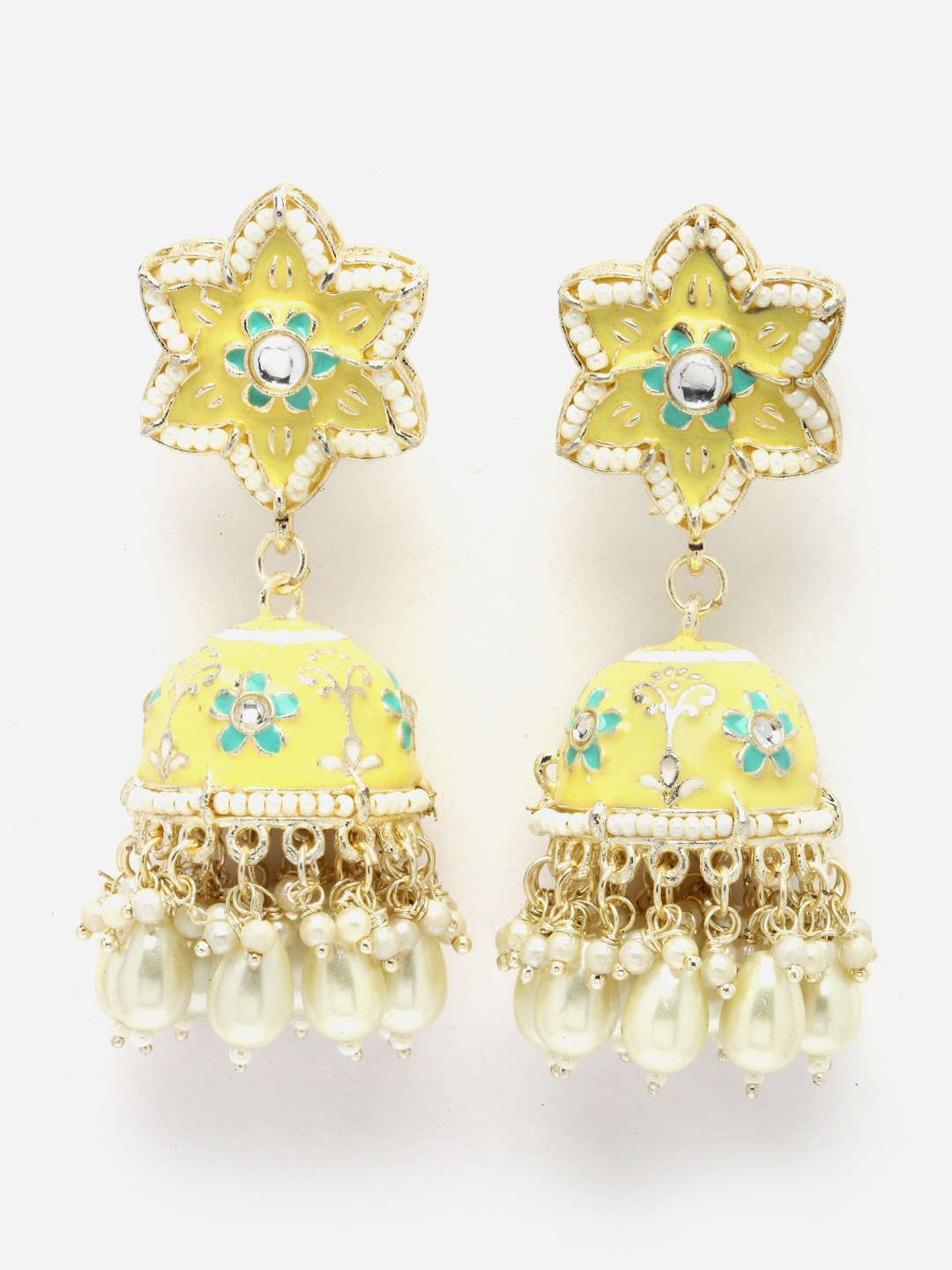 

Aazeen Gold-Plated Dome Shaped Kundan-Pearls studded Jhumkas