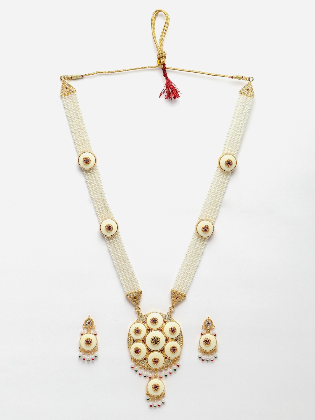 

Aazeen Gold-Plated Kundan-Studded & Beaded Long Meenakari Jewellery Set