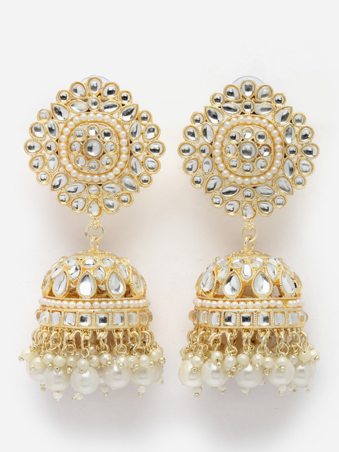 

Aazeen Gold-Plated Dome Shaped Kundan-Pearls studded Jhumkas