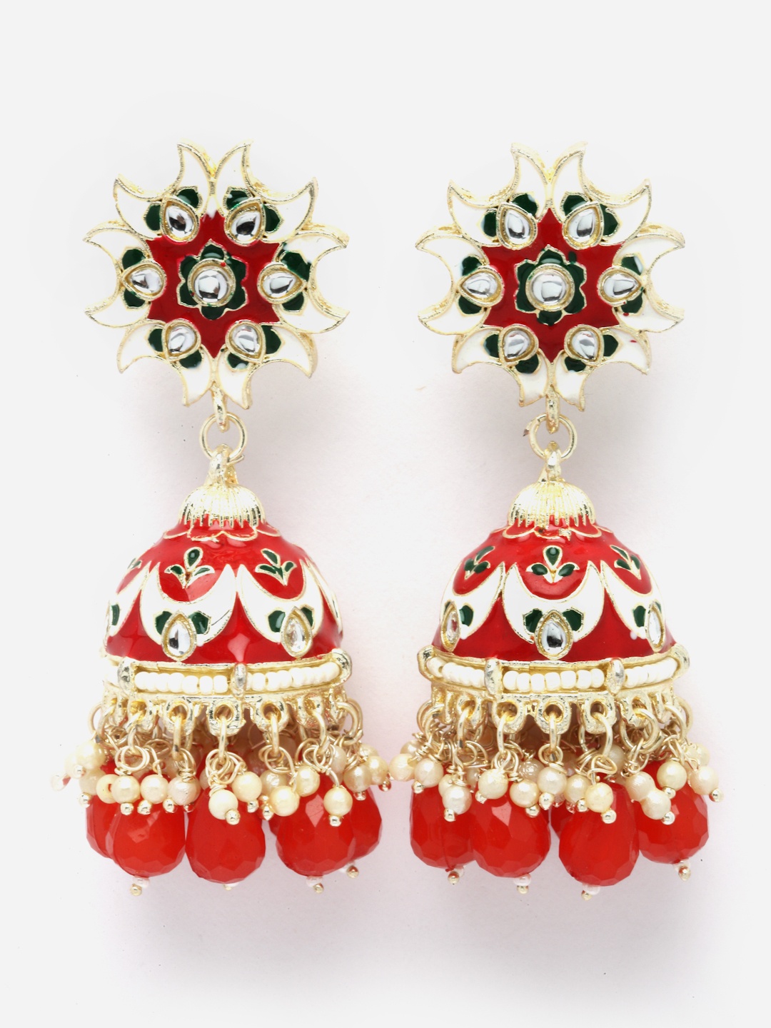 

Aazeen Gold-Plated Dome Shaped Kundan And Beaded Jhumkas