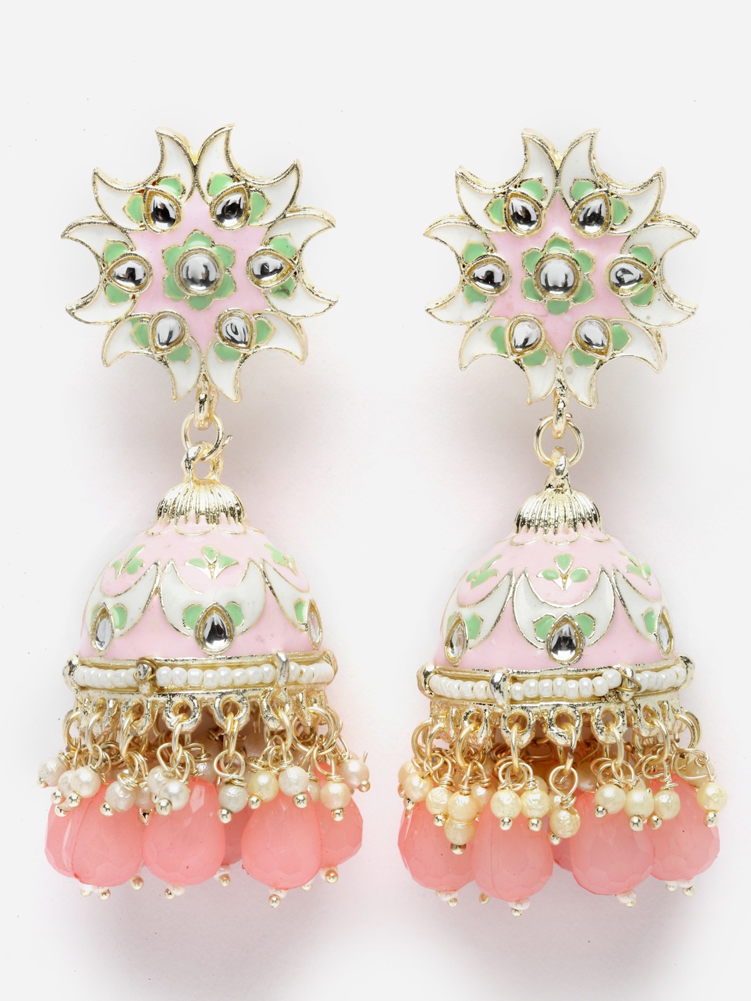 

Aazeen Gold-Plated Dome Shaped Kundan-Pearls studded Jhumkas