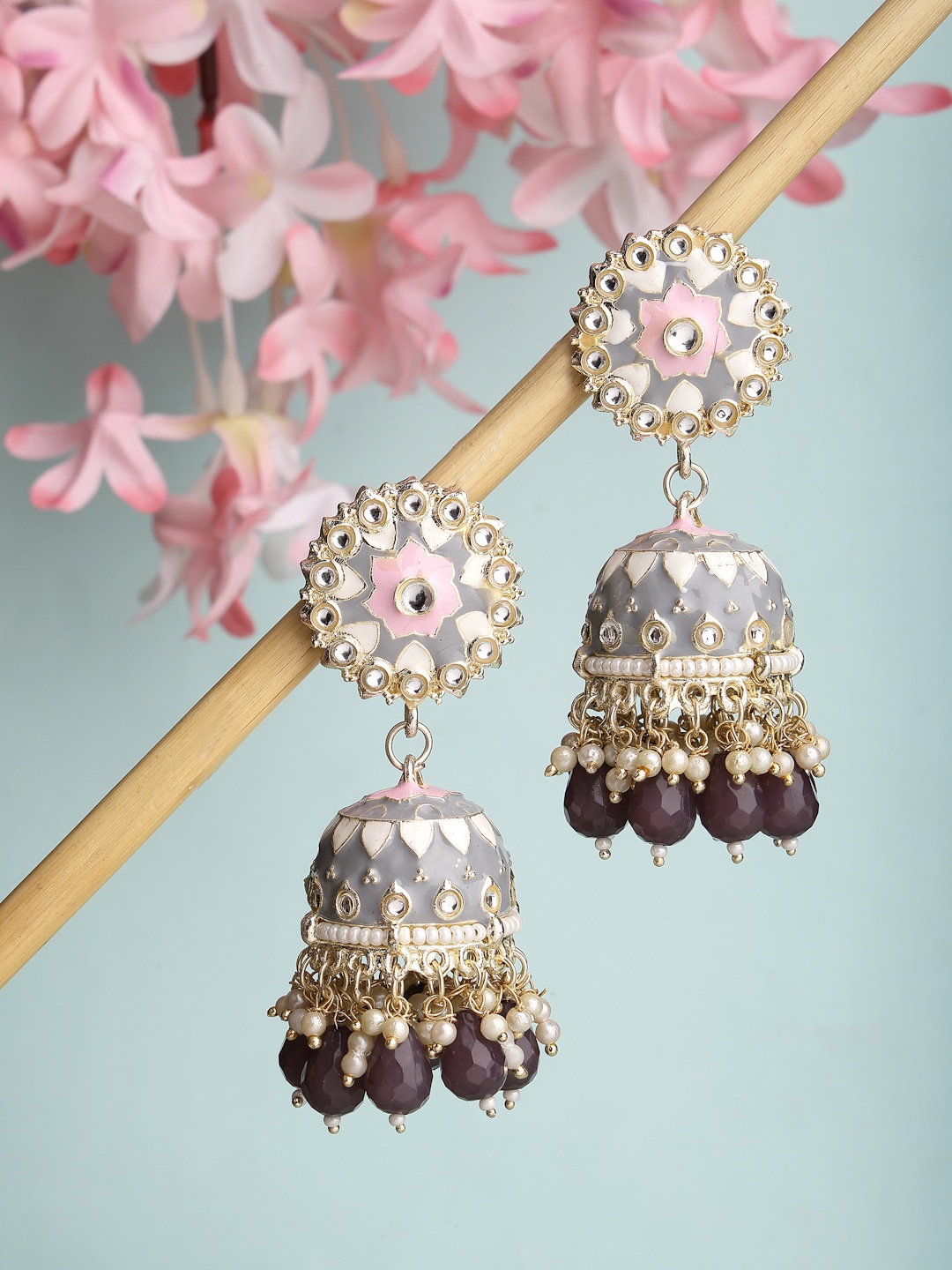 

Aazeen Gold-Plated Dome Shaped Jhumkas Earrings, Grey