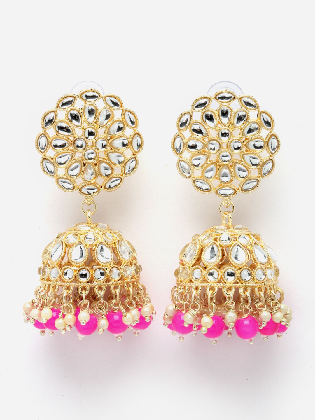 

Aazeen Gold Plated Dome Shaped Kundan Studded & Beaded Jhumkas