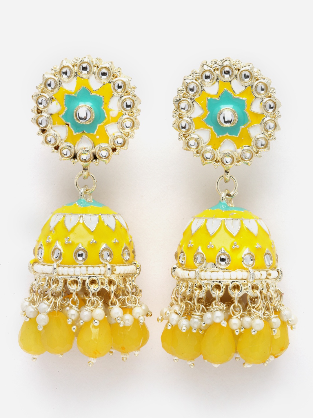 

Aazeen Gold-Plated Dome Shaped Kundan & Pearls studded Jhumkas