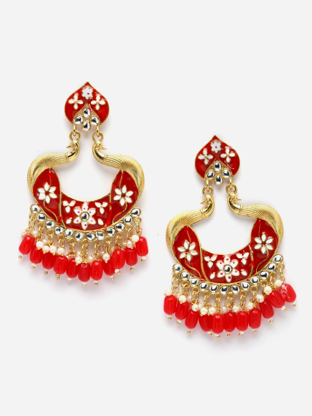 

Aazeen Gold-Plated Peacock Shaped Kundan & Pearls studded Drop Earrings