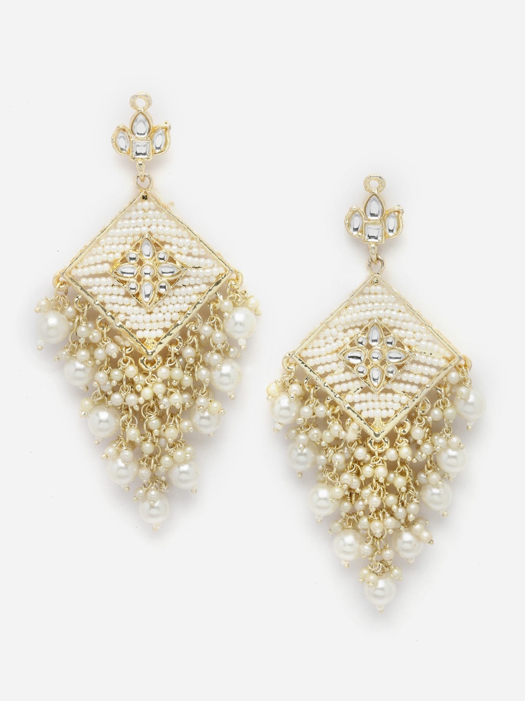 

Aazeen Gold-Plated Contemporary Kundan-Pearls studded Drop Earrings