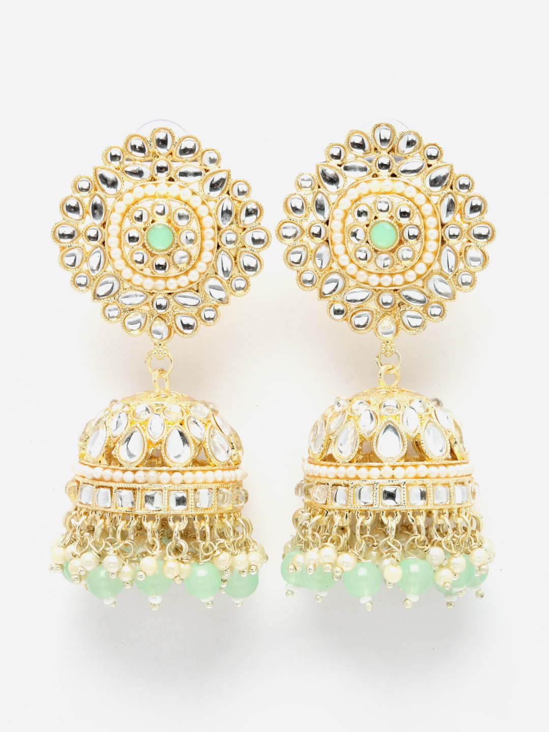 

Aazeen Gold-Plated Dome Shaped Kundan And Beaded Jhumkas