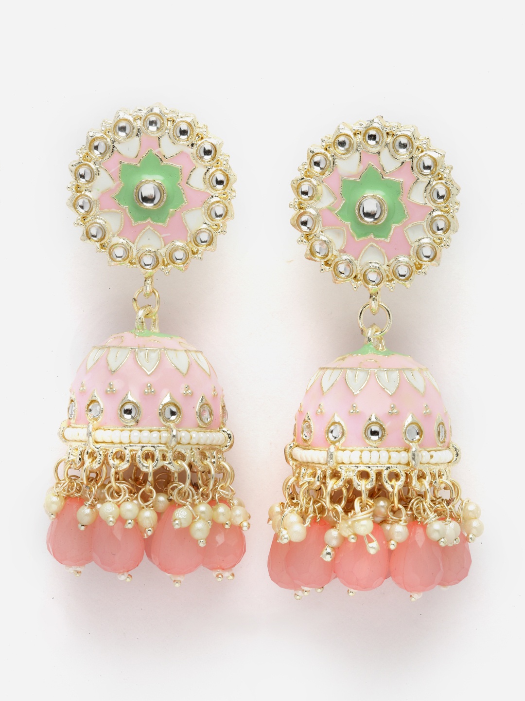 

Aazeen Gold-Plated Dome Shaped Kundan And Beaded Jhumkas \