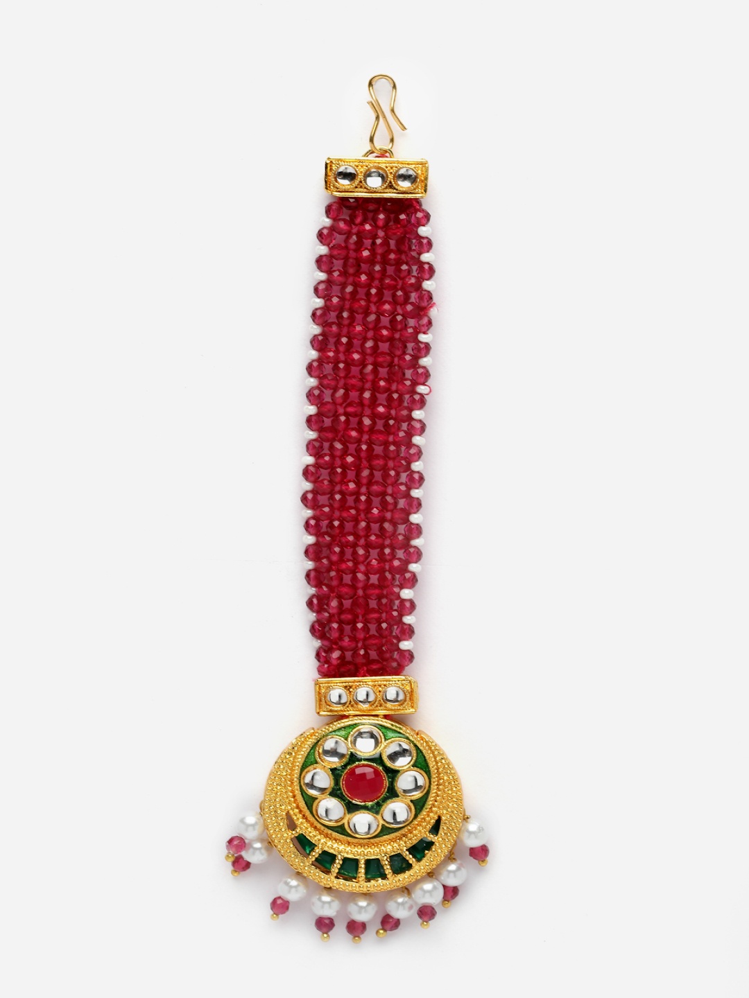 

Aazeen Gold-Plated Stone-Studded & Beaded Crescent Shaped Meenakari Maang Tikka