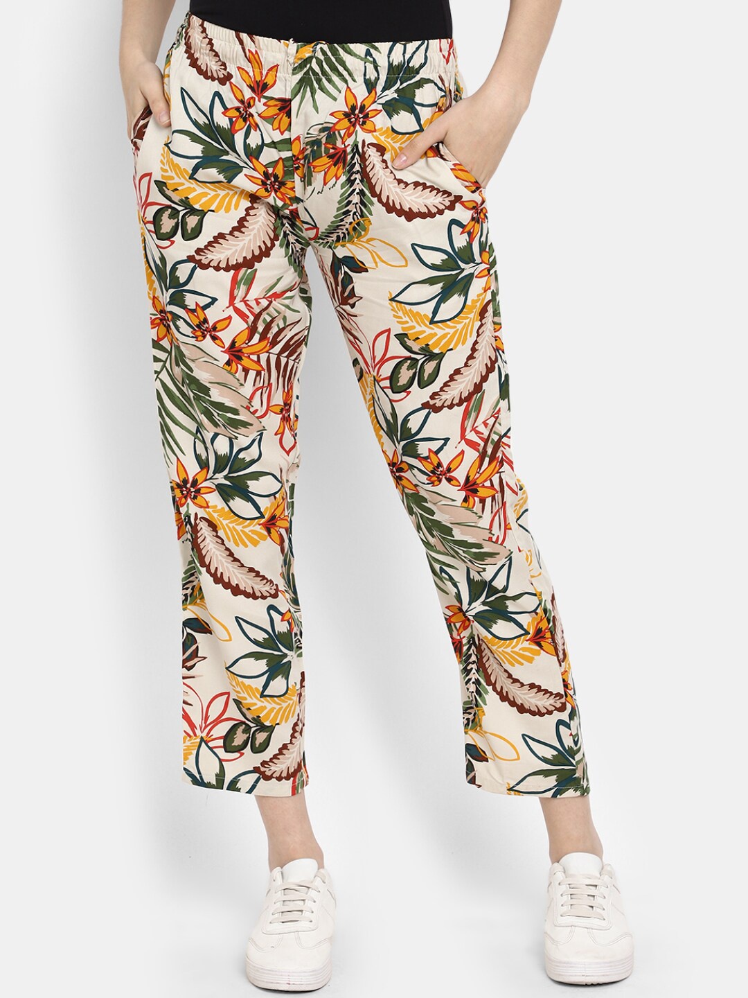 

V-Mart Women Floral Printed Mid Rise Trousers, Cream