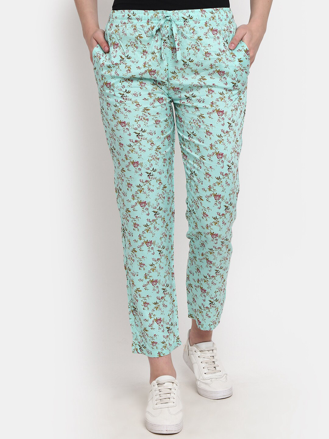 

V-Mart Women Floral Printed Mid Rise Cotton Trousers, Sea green