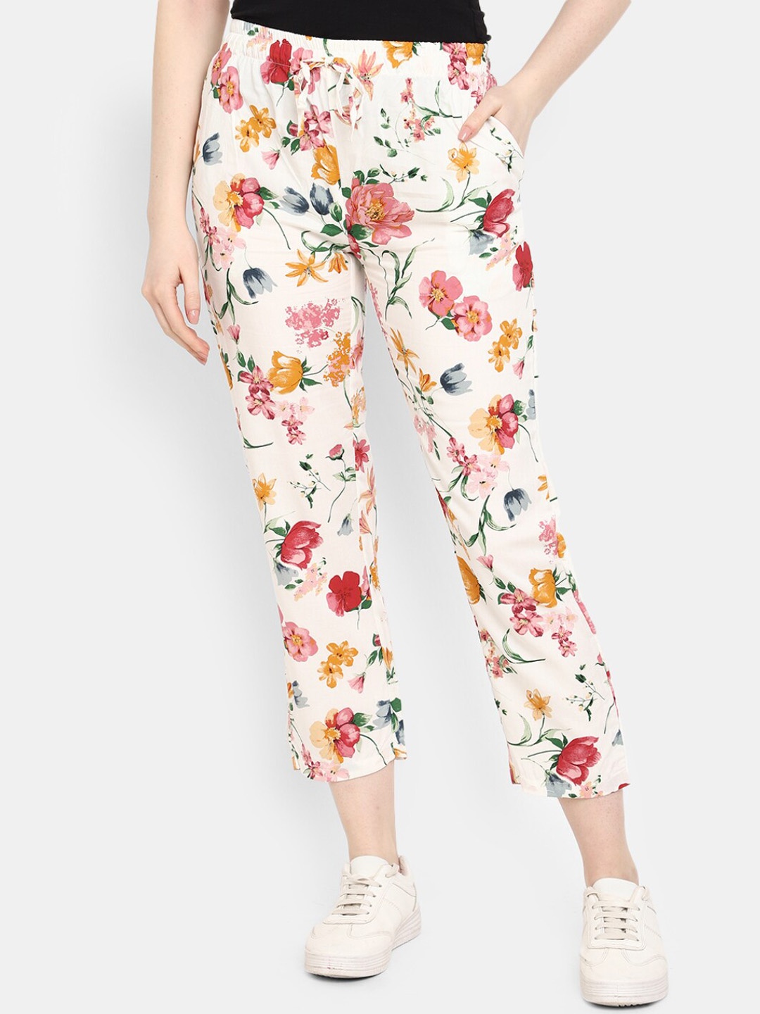 

V-Mart Women Floral Printed Mid Rise Trousers, Off white