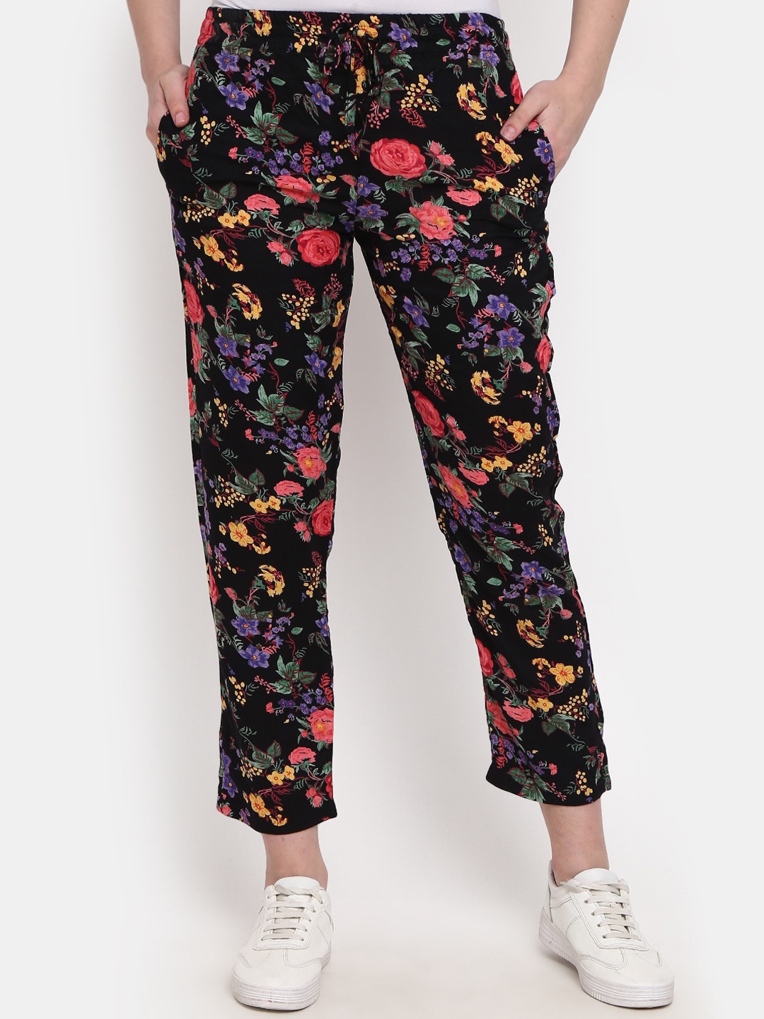 

V-Mart Women Floral Printed Mid-Rise Track Pants, Black