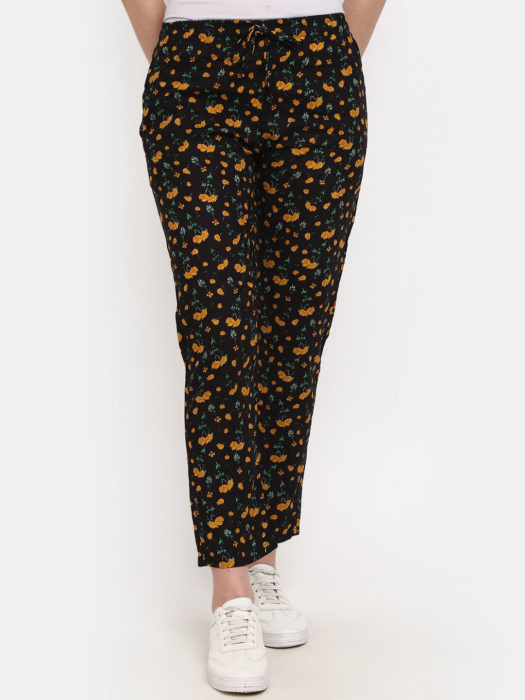 

V-Mart Women Floral Printed Mid Rise Trousers, Black