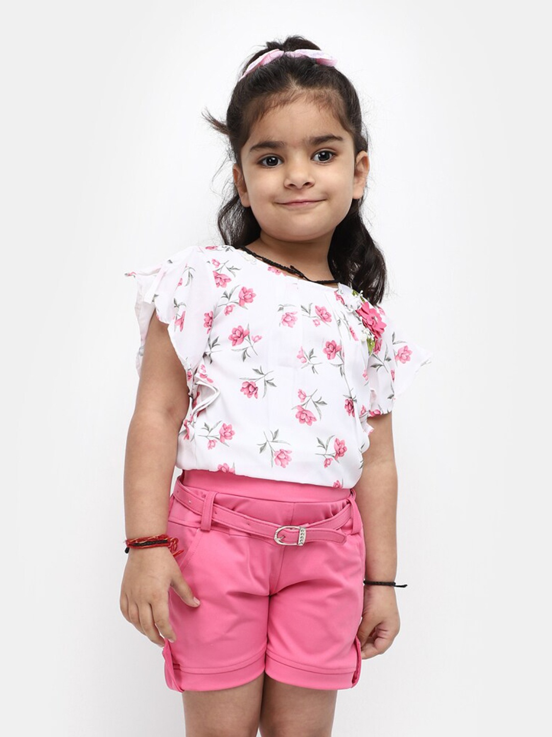 

V-Mart Girls Cotton Floral Printed Pure Cotton Top With Shorts, White