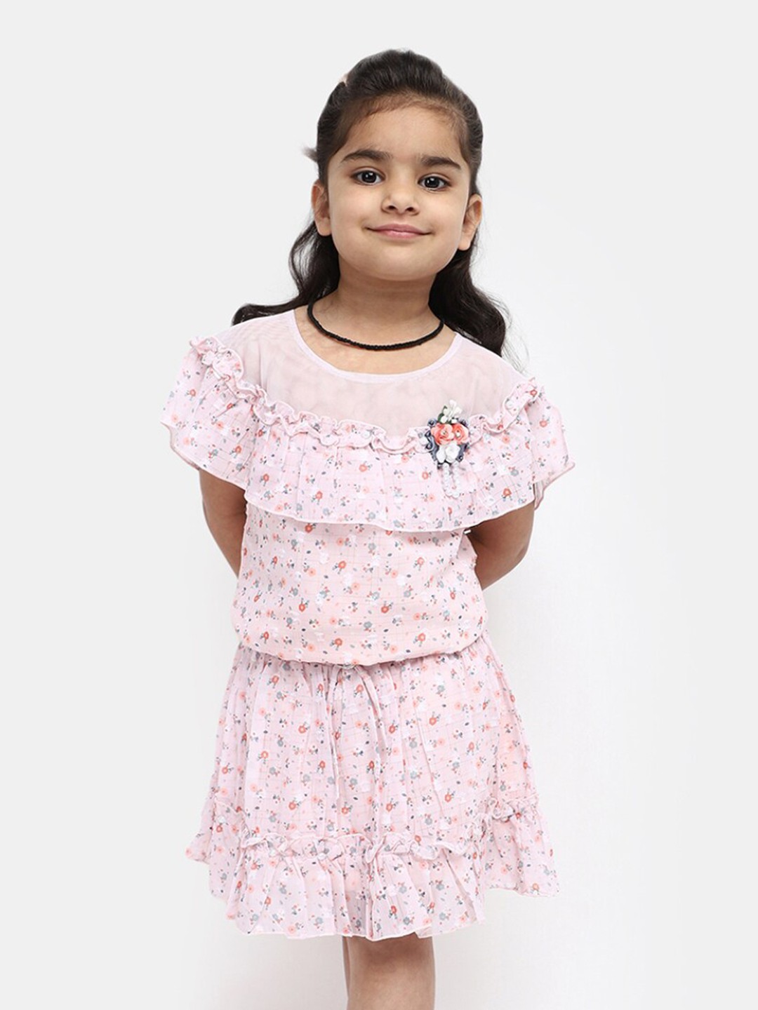 

V-Mart Girls Pure Cotton Printed Top With Skirt, Pink