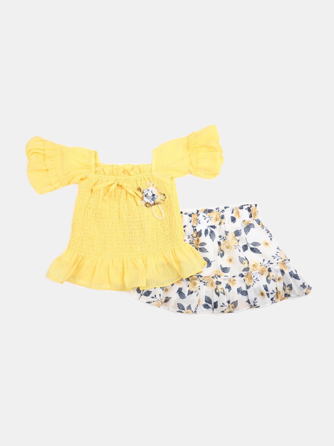 

V-Mart Girls Pure Cotton Square Neck Top With Skirt, Yellow