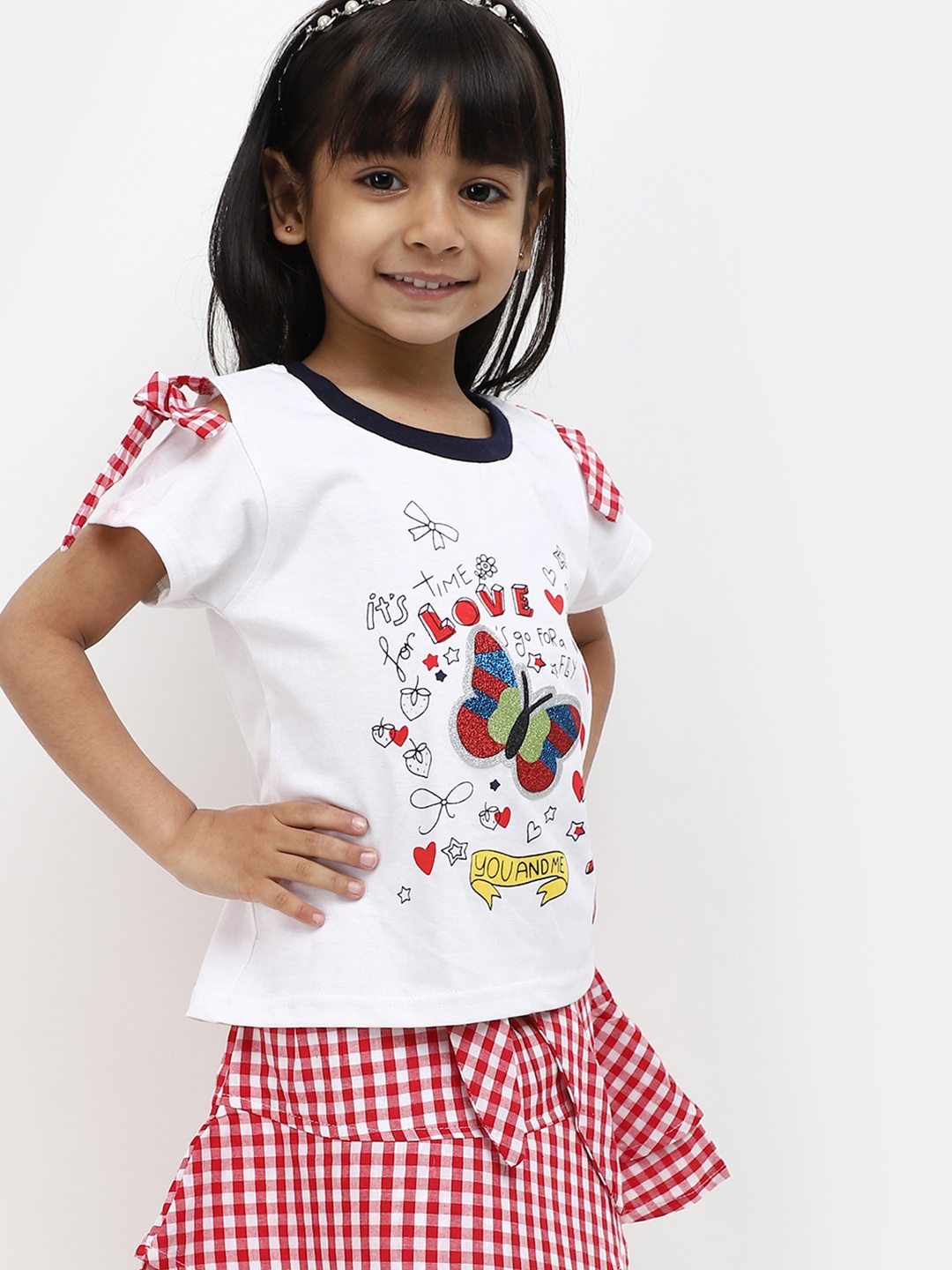 

V-Mart Girls Pure Cotton Printed Top With Skirt, White