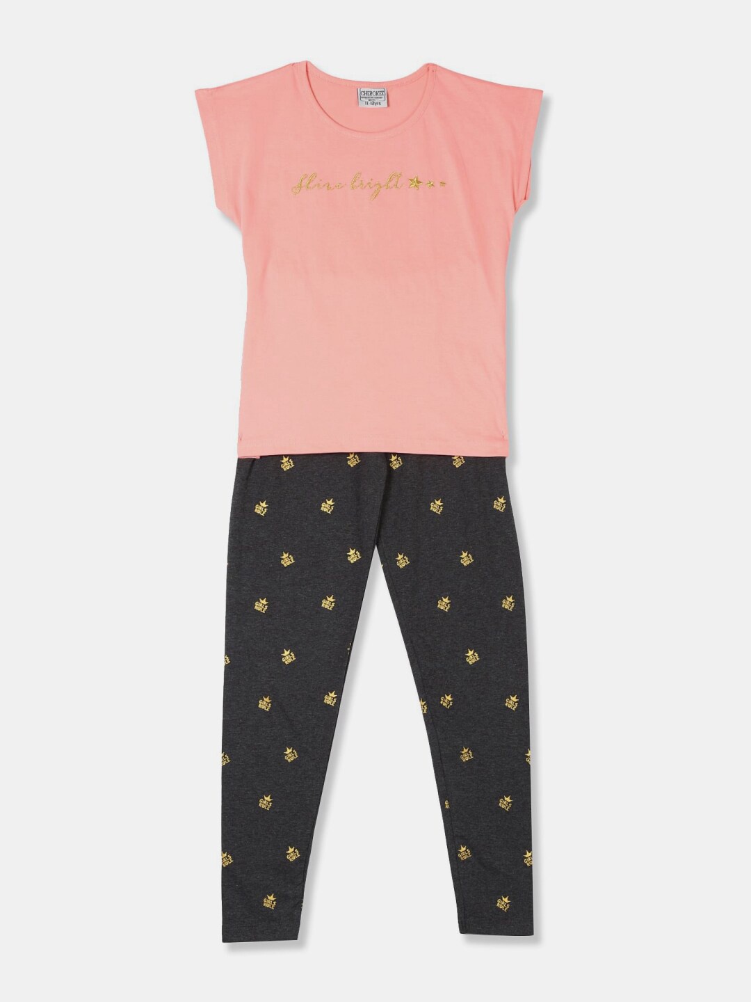

V-Mart Girls Printed Pure Cotton T-shirt With Pyjamas, Pink