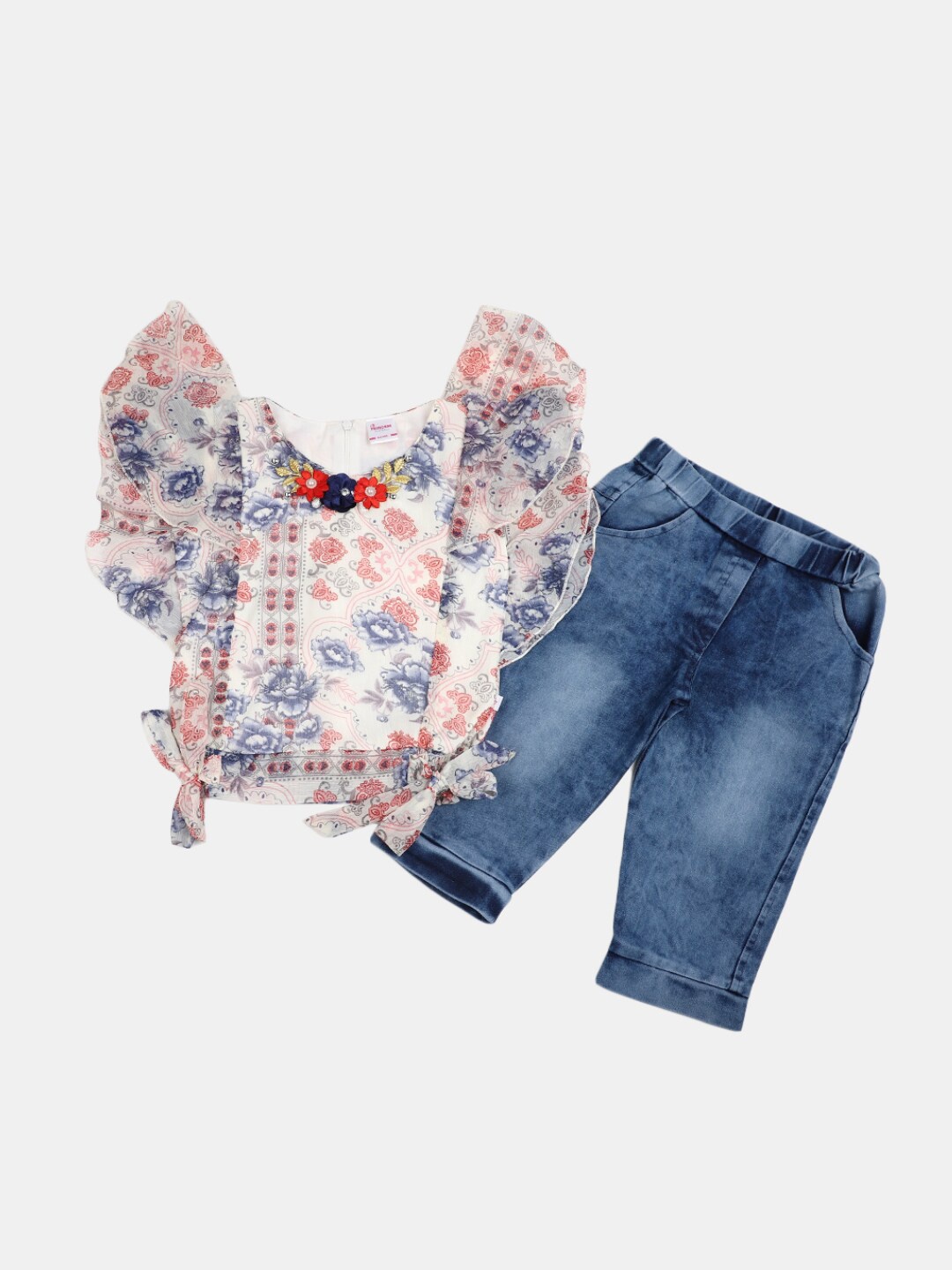 

V-Mart Girls Printed Pure Cotton Top With Trousers, Off white