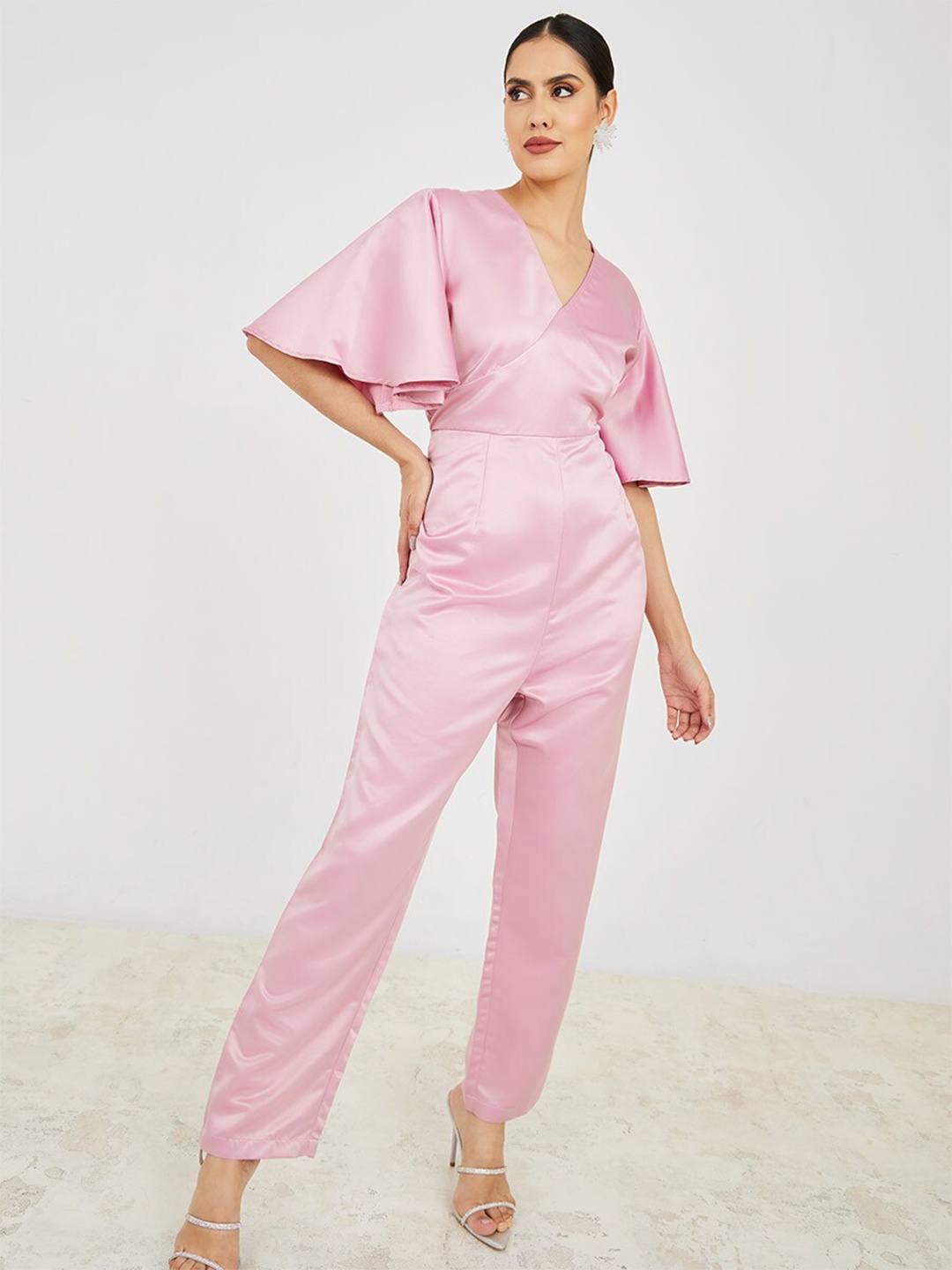 

Styli Women V-Neck Flared Sleeves Satin Wrap Style Basic Jumpsuit, Pink
