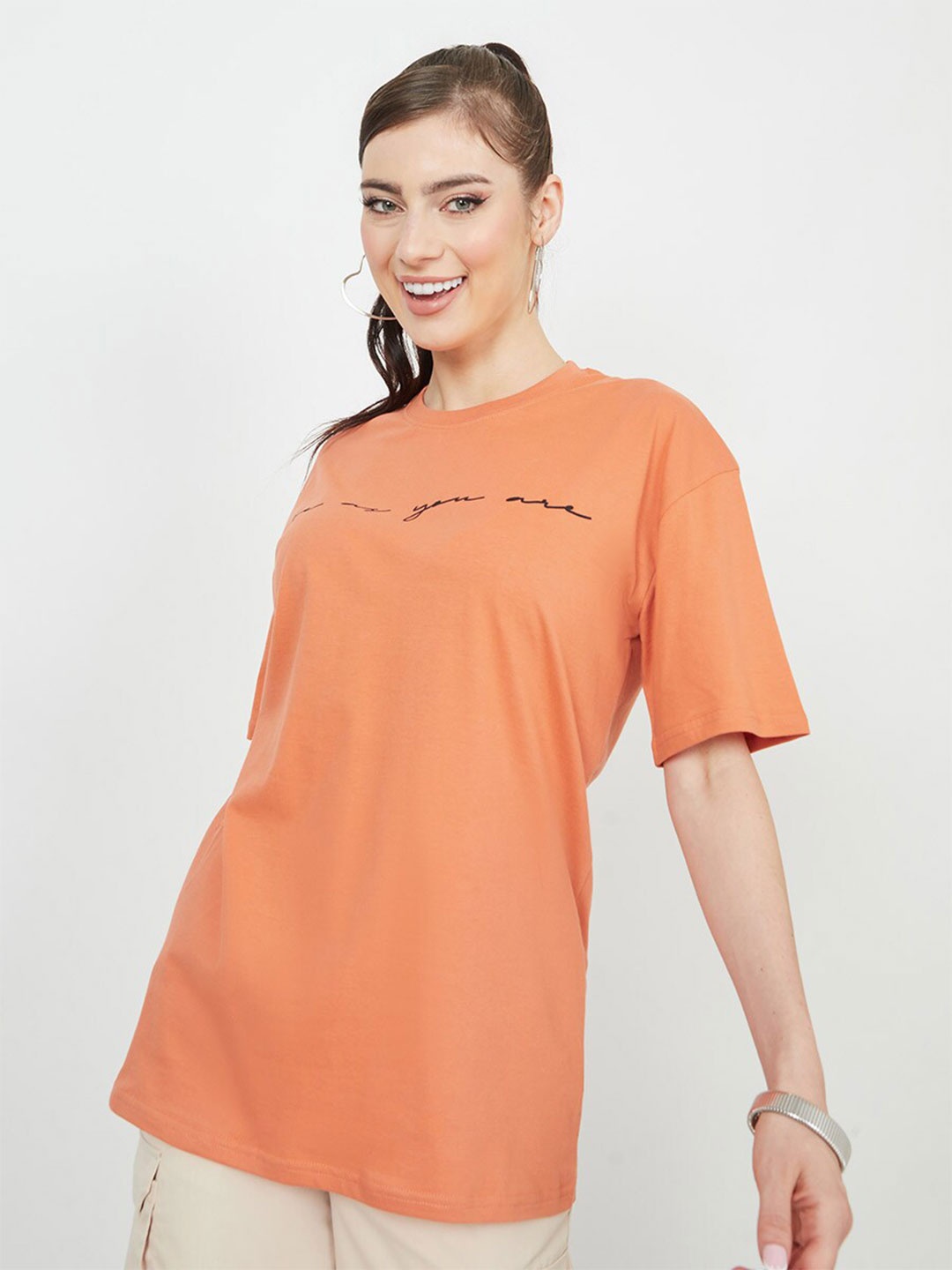 

Styli Typography Printed Cotton Oversized Fit T-shirt, Orange