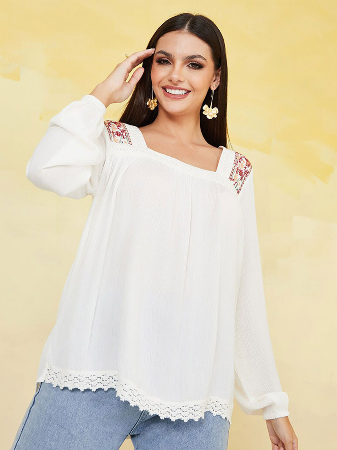 

Styli Floral Embroidered Square Neck A-Line Top, White