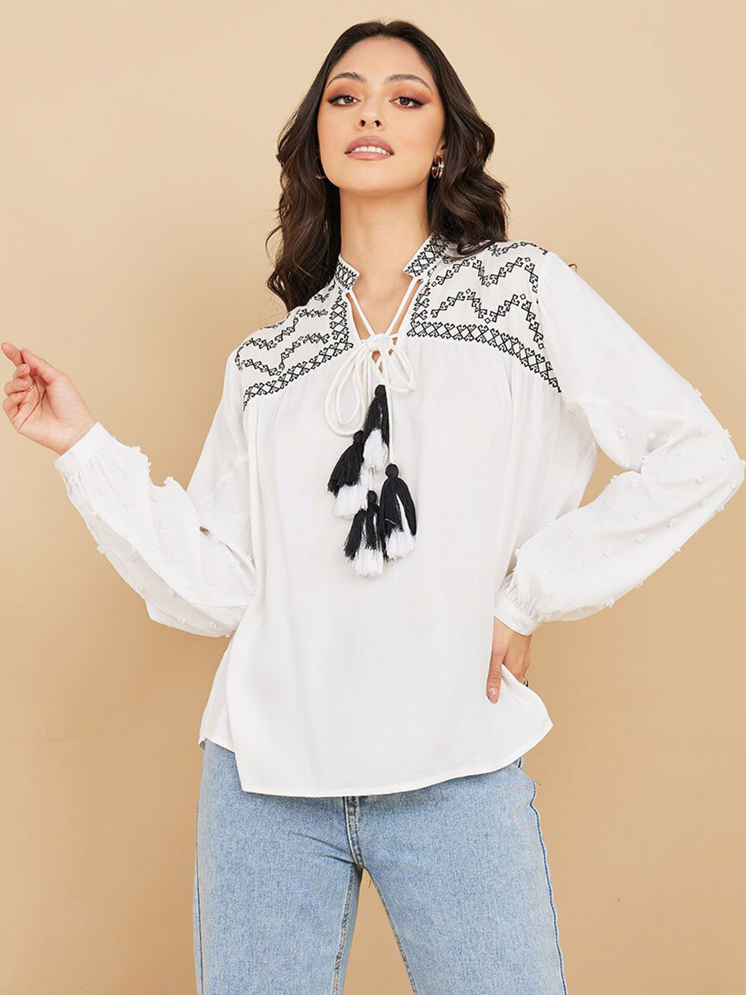 

Styli Self Design Tie-Up Neck Cuffed Sleeves Blouson Top, Off white
