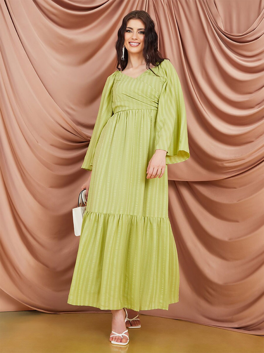 

Styli V-Neck Striped Maxi Dress With Gathered Detail, Yellow