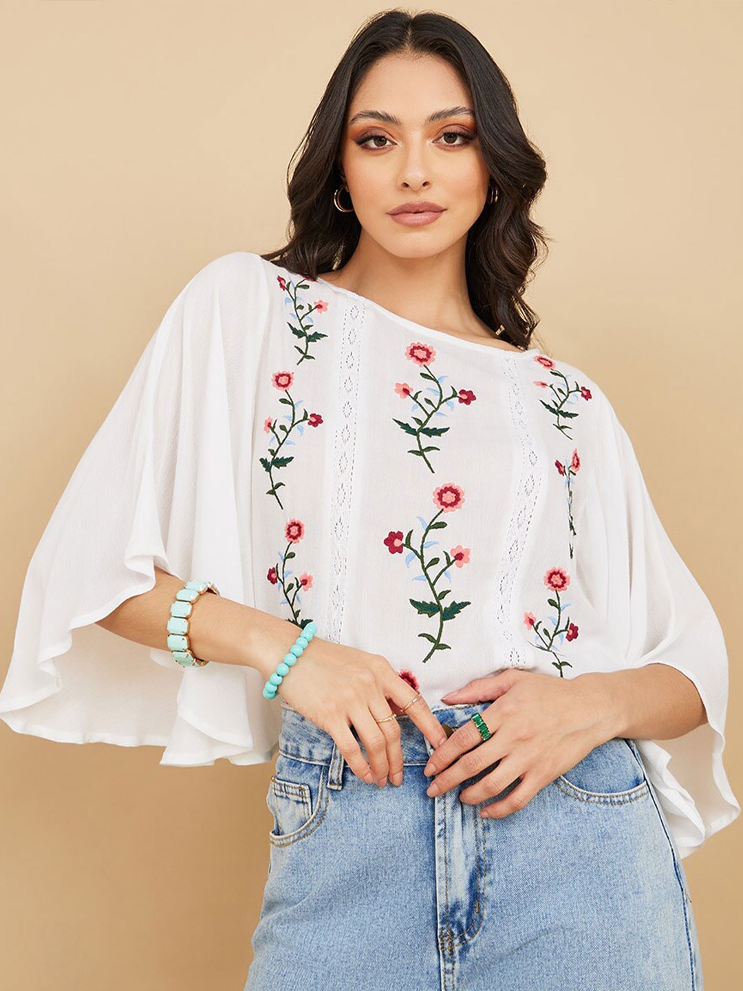 

Styli White Floral Embroidered Boat Neck Flared Sleeve Top
