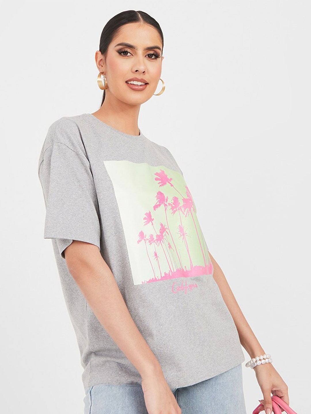 

Styli Oversized Drop Shoulder California Graphic T-Shirt, Grey