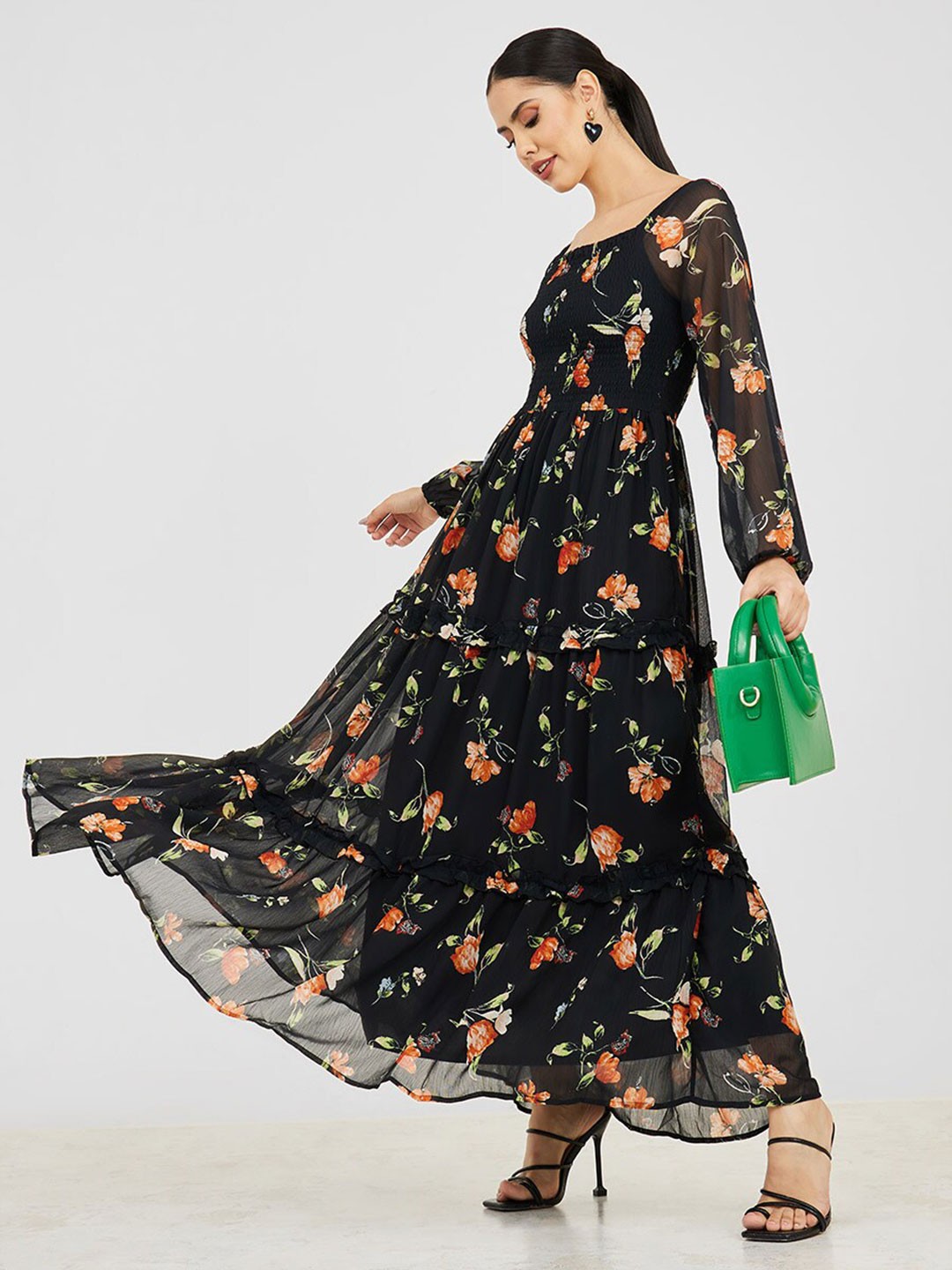 

Styli Square Neck Floral Print Tiered Maxi Dress, Navy blue