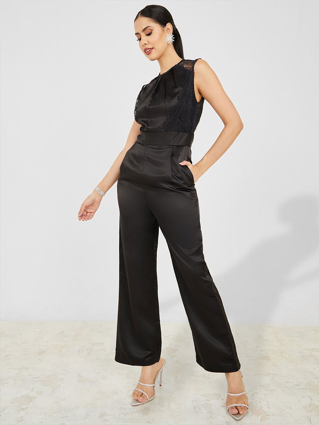 

Styli Lace Insert Straight Leg Jumpsuit, Black