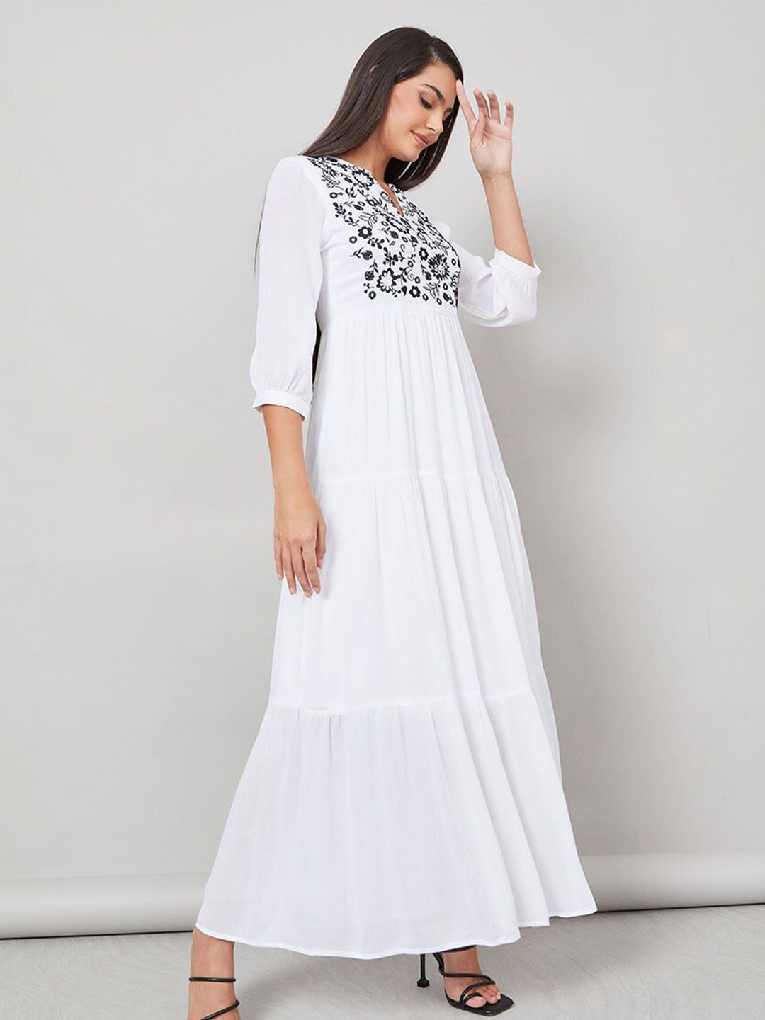 

Styli Floral Embroidered Yoke Design Band Collar Puff Sleeves Pleated Tiered Maxi Dress, Off white