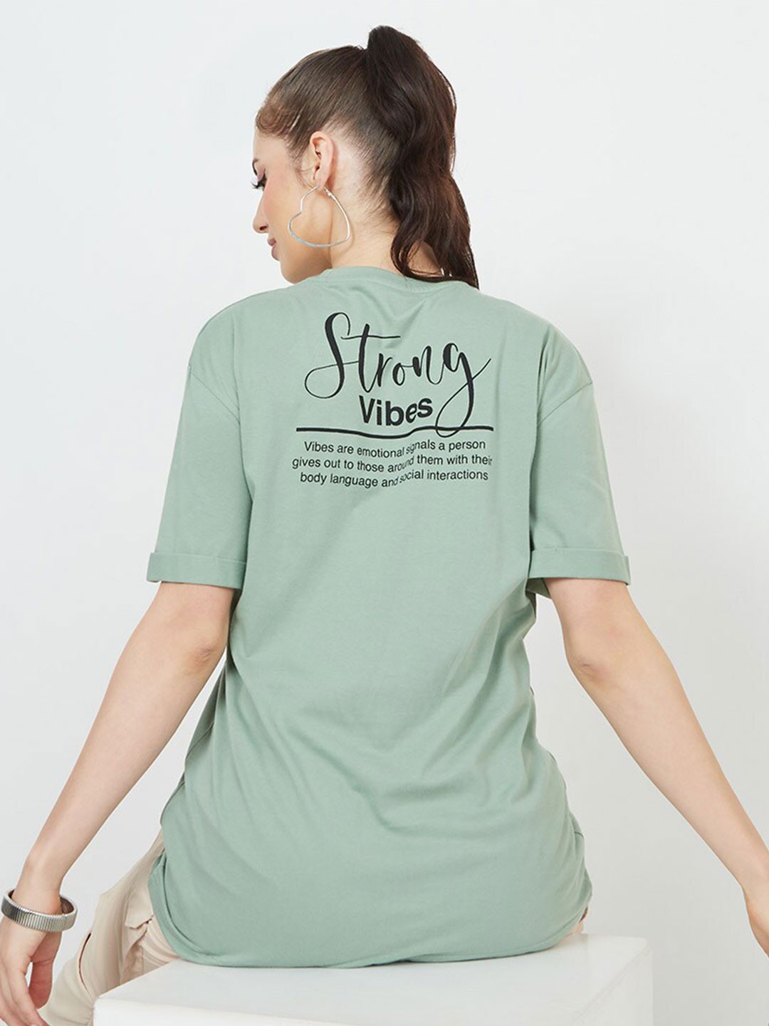 

Styli Strong Vibes Typography Print Oversized Longline T-shirt, Green