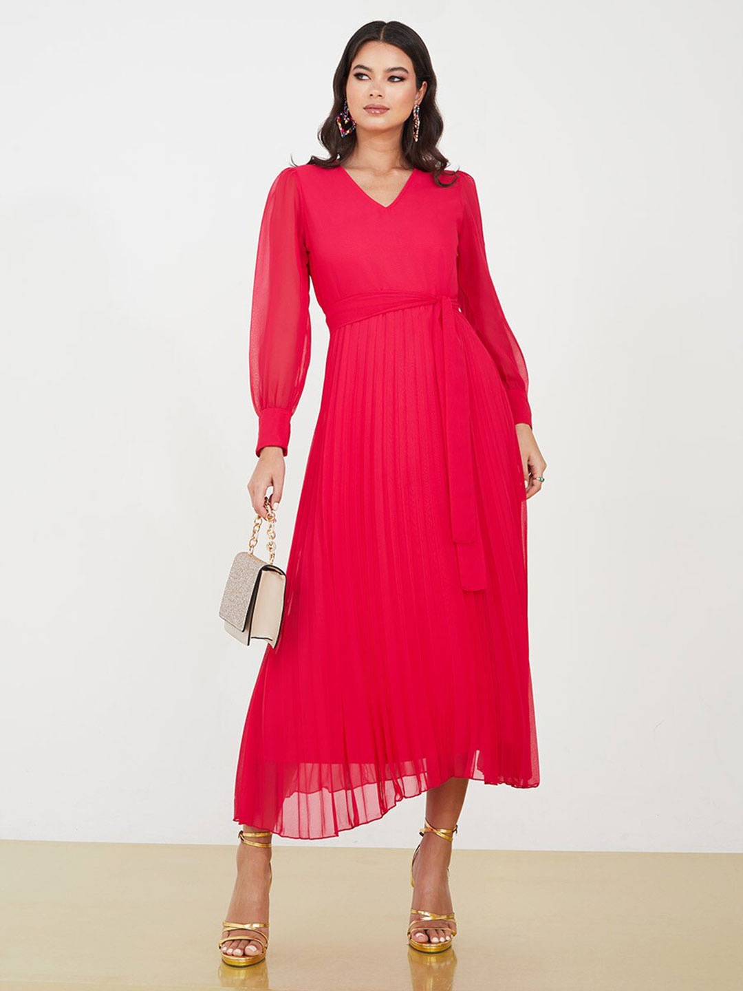

Styli V-Neck Puff Sleeve Fit & Flare Midi Dress, Pink